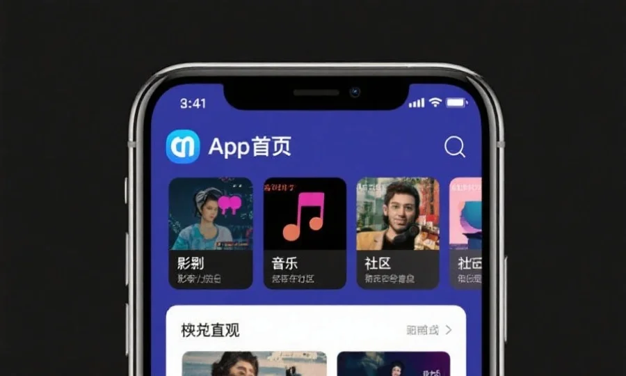 手机屏幕展示App主界面,包含影视、音乐和社区等模块,界面简洁直观